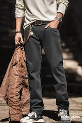 Maden Men Baggy Denim Jeans American Retro Pure Black Mid-waist Jeans Water Washed Straight Pocket Classic Style Tannin Pants